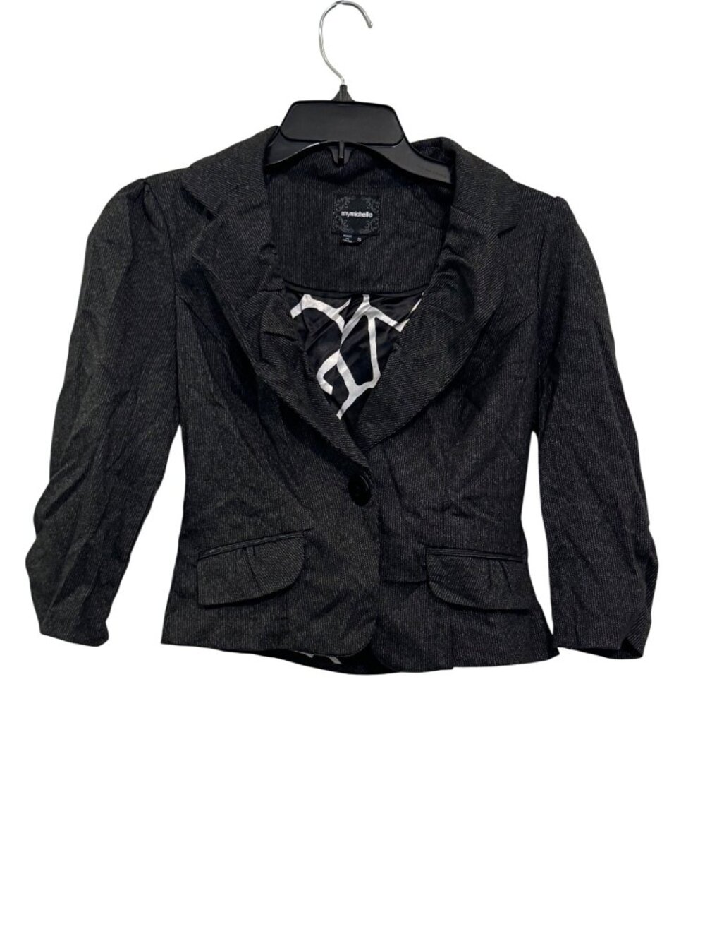 My Michelle Gray Pinstripe 3/4 Sleeve Blazer Jacket With Ruched Sleeves Size Sma